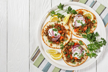 ground Lamb Flatbreads with yogurt, top view