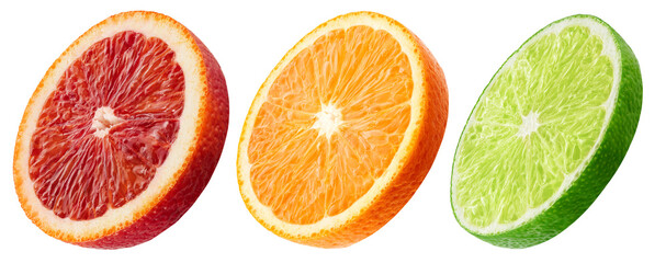 Citrus slices of sicilian orange, orange and lime isolated on white background