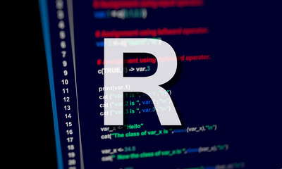 R code on dark background in code editor and Letter R . R programing language © mirsad
