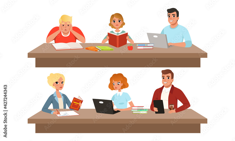 Canvas Prints Table, Reading Books, Working at Laptop Computer Cartoon Vector Illustration