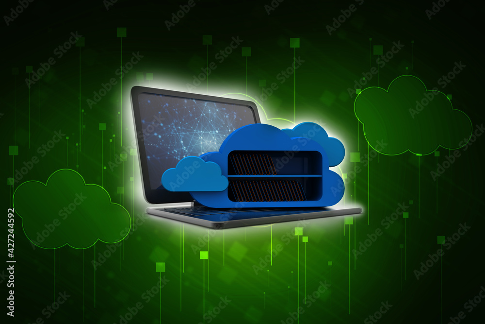Poster 3d rendering data storage. laptop and files