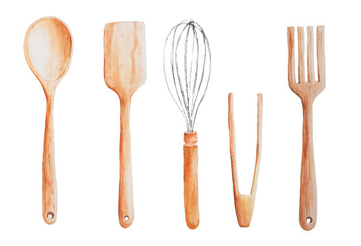 Hand drawn watercolor Wooden Kitchen accessories set. Isolated illustration on white background