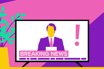 Breaking news reader anchorman in television. Media, journalism, press vector illustration. 