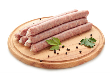 Raw sausage on cutting board isolated on white