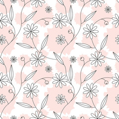 Vintage seamless floral pattern with white simple line flowers,leaves and pink spots.Vector botanical ornament