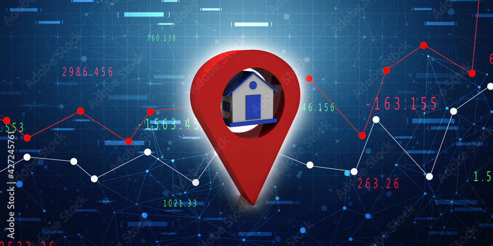 Poster 3d illustration search for property.a map with large red gps pointer containing