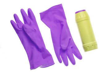 Yellow rubber gloves for cleaning, bottle of detergent isolated on white background