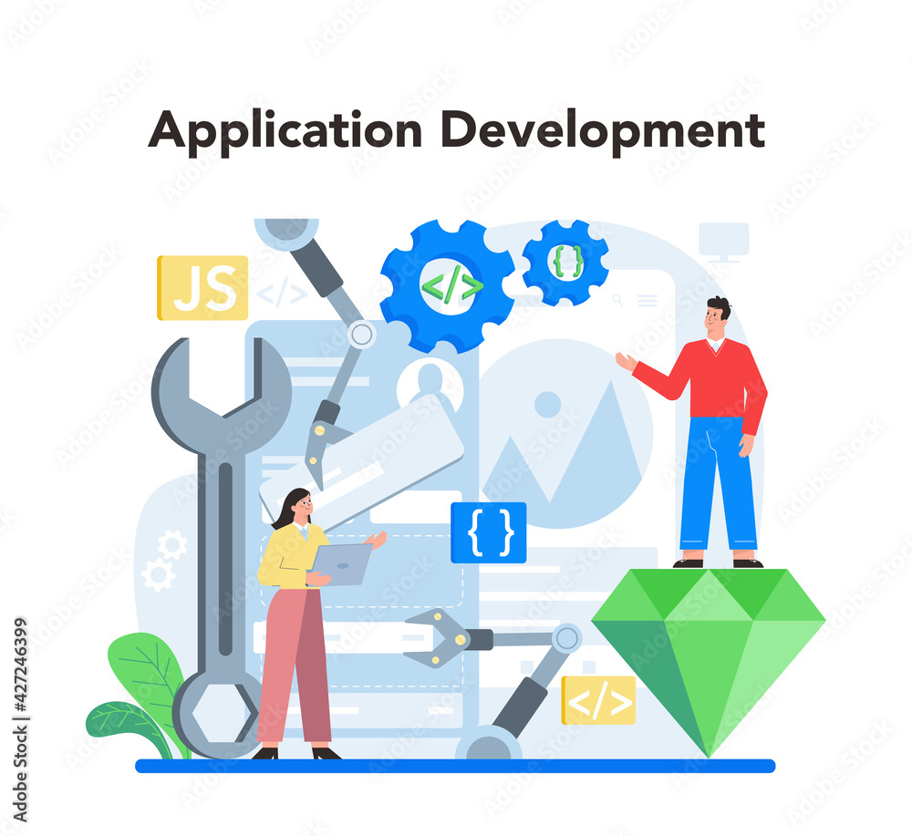Poster mobile app development concept. modern technology and smartphone interface