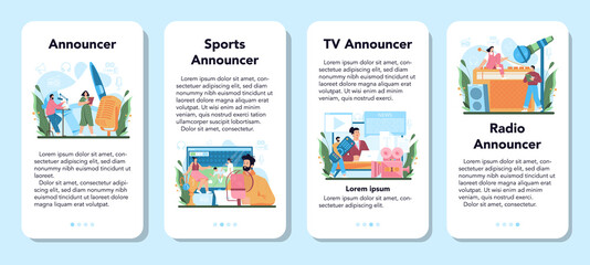 Obraz premium Announcer mobile application banner set. TV presenter, radio host in studio