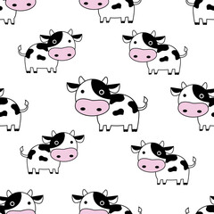 Vector smiling standing cow pattern on white background. Seamless, sketch doodle or marker style with outline. For textile prints, wrapping paper, milk packages etc.