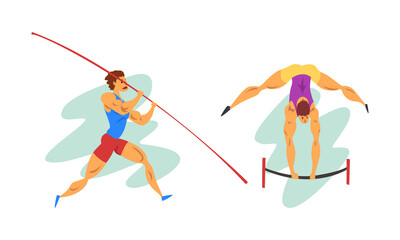 Track and Field Athletes in Action Set, Pole Vaulting, High Jump over Bar Cartoon Vector Illustration