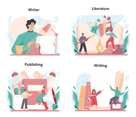 Professional writer concept set. Author writing script of a novel.