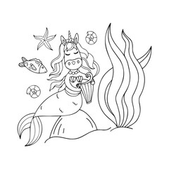 illustration with a unicorn mermaid for children's and adult books, clothing, office supplies