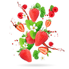 Strawberry berries levitating on a white background. Isolated object on a white background. Horizontal.