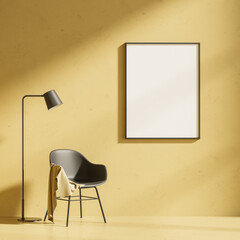 Minimalistic interior in yellow tones with a comfortable armchair and a floor lamp. Vertical poster on the wall. Mock up. 3d rendering. © katestudio