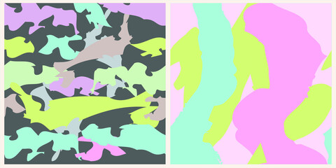 Set of patterns with an asymmetric pattern, abstract collage. Brushstrokes. Freehand digital art backgrounds for flyer, poster, cover, textile print. 