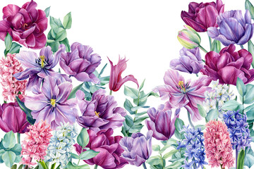 Floral card, flowers tulips, hyacinths, eucalyptus leaves painted in watercolor