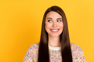 Fototapeta premium Photo of dreamy attractive pretty lady look empty space wear colorful sweater isolated on bright yellow color background
