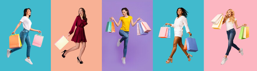 Young diverse women jumping with bags at colorful studio, collage