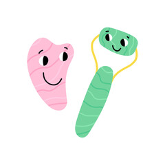 Cute gua sha or jade crystal scraper, face roller or massager characters. Couple of funny beauty routine tools.