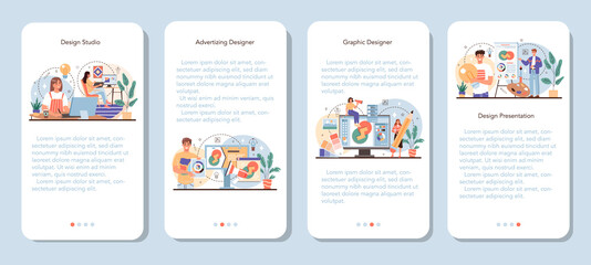 Designer mobile application banner set. Advert designer or graphic illustrator