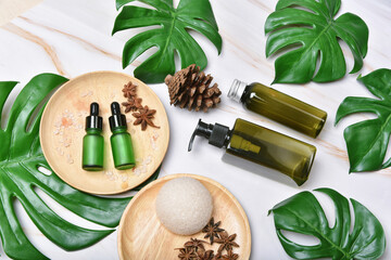 Natural skincare beauty product, Cosmetic bottle containers packaging with green nature leaves,...