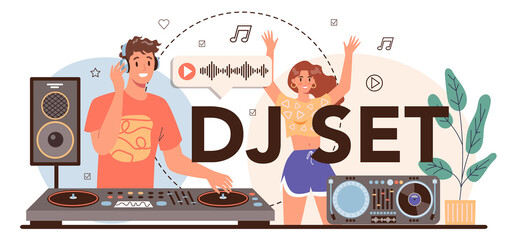 DJ set typographic header. Person standing at turntable mixer make music