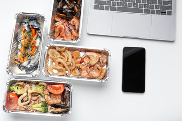 Healthy meal, delicious seafood and delivery to office and home during covid-19 virus