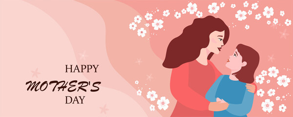 Mother and daughter hug each other, they look with love. Congratulations, banner, poster on Mother's Day. The concept of a happy family. Vector graphics.