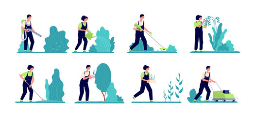 Professional garden girl. Gardener equipment, worker pruning bush leaves. Professional lawn care, flat woman working with plants vector set