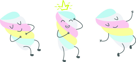 Lovely characters. Marshmallow characters with face, arms and legs. Sweets, snacks. Marshmallow braids.