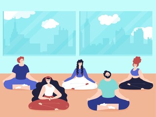Meditation people. Relaxation room, breathing yoga exercises class. Flat adults meditate in home, decent woman rest on floor vector concept
