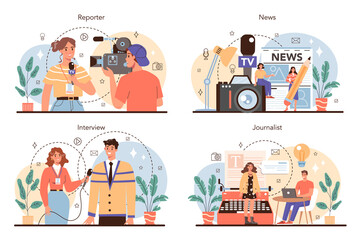 Journalist concept set. Newspaper, internet and radio journalism.