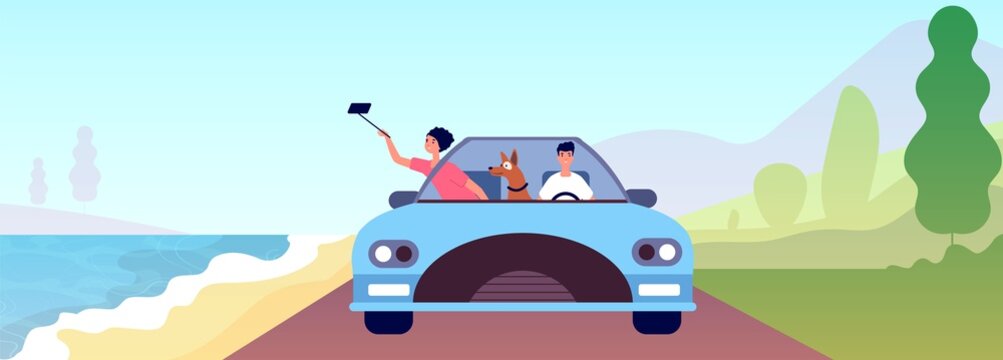 Couple trip. Person car travel, honeymoon on beach with dog. Country adventures, spring summer romantic vacations utter vector illustration