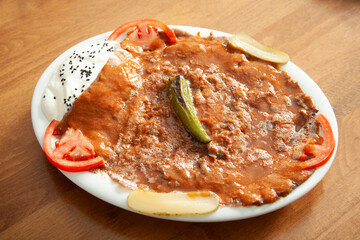 Turkish traditional iskender kebab. Yoghurt.