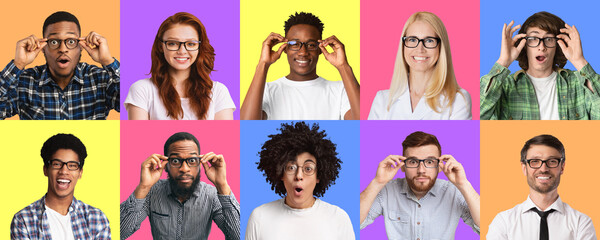 Diverse joyful people in specs expressing positive emotions