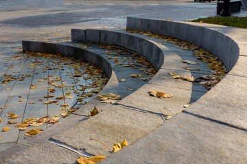 Semicircular stone steps with fallen yellow foliage