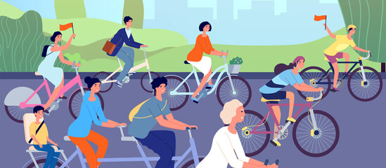 Bicycle parade. Cyclists on nature, cycling event in city park. Diverse people ride cycle, active girls elderly men on bikes utter vector poster