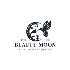 Beauty Moon Logo Design Inspiration - Isolated vector Illustration on white background - Creative logo, icon, symbol, sticker, emblem, badge - Humming bird, Flower, and Moon smart combination