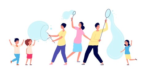 Soap bubbles show. Children party, huge bubble and joyful kids. Artists perform for boys girls cartoon vector characters