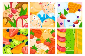 Ice cream set, delicious dessert, refreshing summer food, delicious frozen fruits, design in cartoon style, vector illustration.