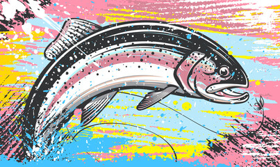 Salmon fishing  logo. Rainbow trout fish club emblem. Fishing theme illustration. Isolated on white.