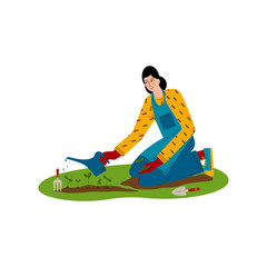 Young woman is watering plants. A hobby is gardening. Flat style Vector Illustration.