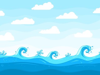 Fototapeta na wymiar Sea waves background. Ocean wave pattern, water surface or beach landscape. Cartoon sky white clouds, blue splashes recent vector illustration