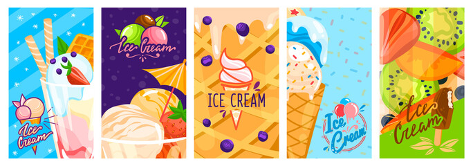 Obraz na płótnie Canvas Banner ice cream, colorful design delicious dserts, sweet summer image, set advertising posters, flat style, vector illustration.