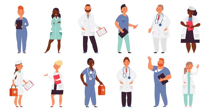 Hospital team. Medical men, doctor nurse group. Healthcare workers, isolated smiling caring staff. Cartoon decent physician, surgeon vector characters