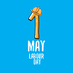 Cartoon Happy labour day vector label isolated on blue. vector happy labor day background or banner with engineer helmet, hummer and wrench. workers may day poster