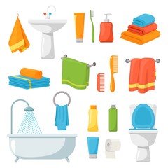 Bathroom accessories. Spa hygiene product, sink towel bath. Body care elements, cartoon soap toothbrush shampoo and deodorant recent vector set