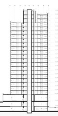 Architectural cross section illustration of a high rise condominium.  Black and white drawing with dimensions and floor levels. 