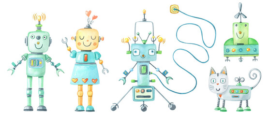 Watercolor robots set.Watercolour  cat boy,girl with heart on white background. Cute cartoon character for baby. Izolated Hand Drawn illustration for kids.